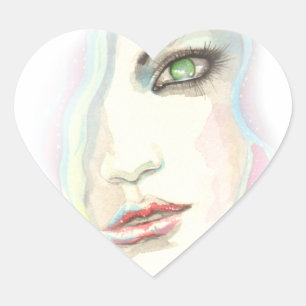 Pretty Girl Modern Art Watercolor Portrait Fantasy Heart Sticker
