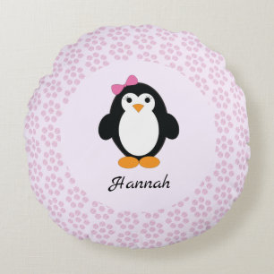 Pretty girl penguin with a pink floral background round cushion