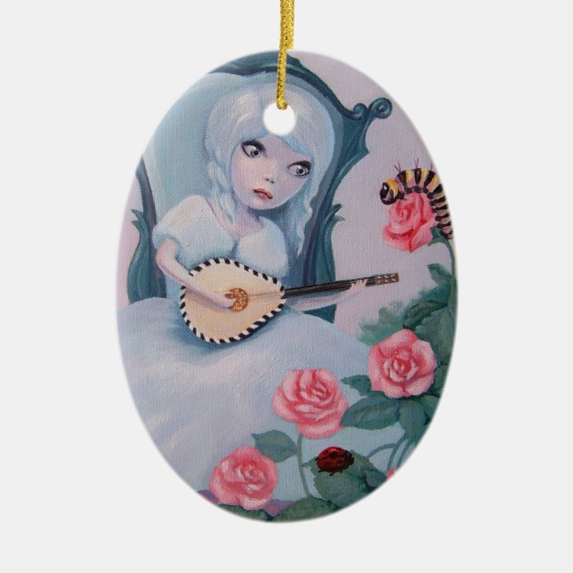 Pretty girl plays fairy music ceramic tree decoration (Front)