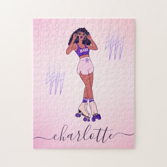Pretty Girl Rollerblading Skater Pink Purple Name  Jigsaw Puzzle (Vertical)
