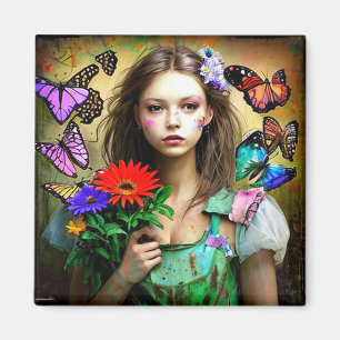 Pretty Girl with Red Flowers and Butterflies Magnet