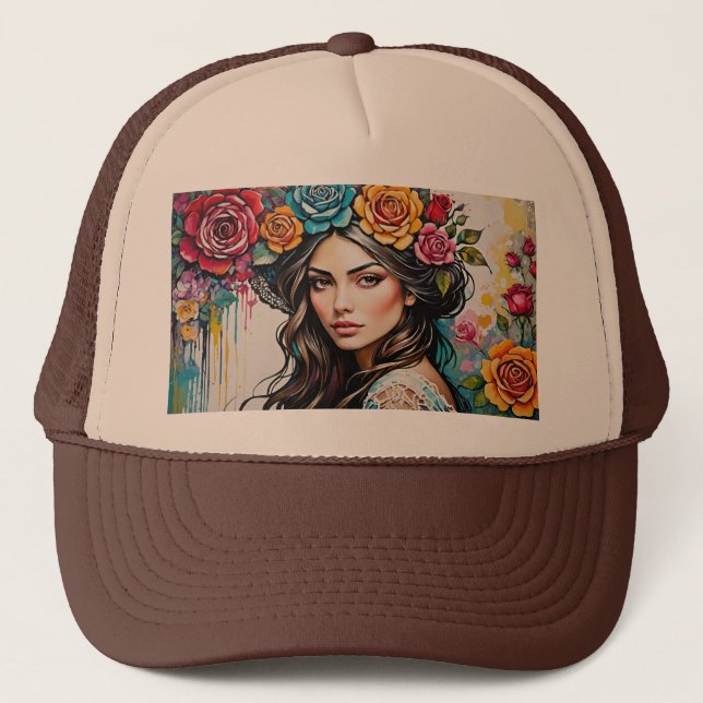 Pretty Girl with Roses and Paint Drips Floral Trucker Hat (Front)