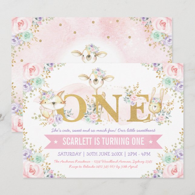 Pretty Girl Woodland Animals 1st Birthday Party Invitation (Front/Back)