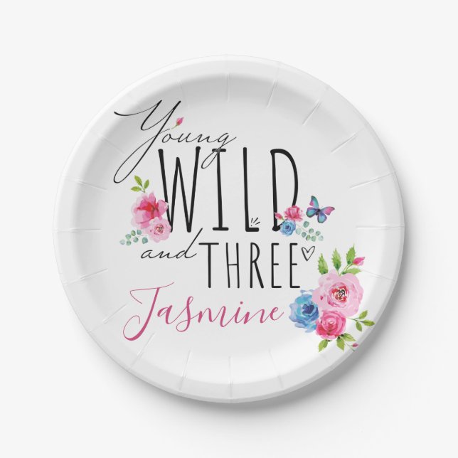 Pretty Girl's 3rd Birthday Custom Name Paper Plate (Front)