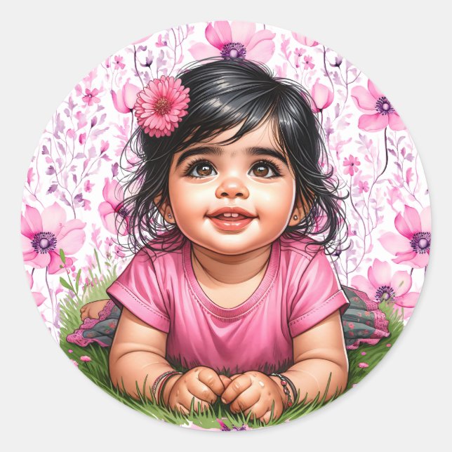 Pretty Girl's Floral Pink Baby Shower  Classic Round Sticker (Front)