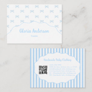 Pretty Girly Feminine Blue Bow Stripe Pattern Business Card