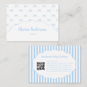 Pretty Girly Feminine Blue White Bow Stripes Business Card