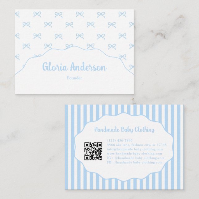 Pretty Girly Feminine Blue White Bow Stripes Business Card (Front/Back)