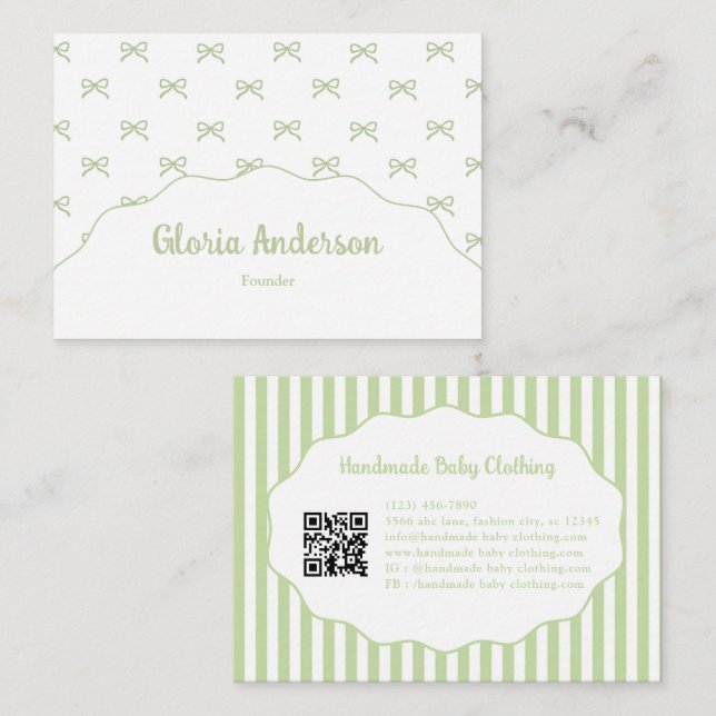 Pretty Girly Feminine Green Bow Stripe Pattern Business Card (Front/Back)