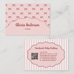 Pretty Girly Feminine Pink Red Bow Stripe Pattern Business Card