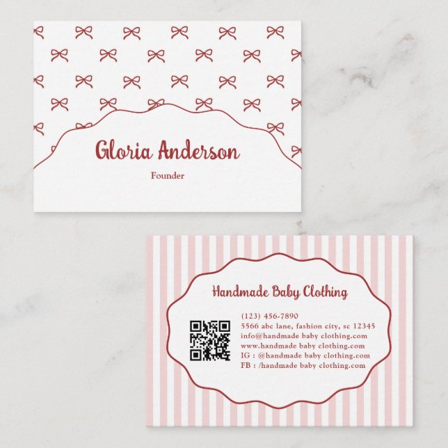 Pretty Girly Feminine Pink Red Bow Stripe Pattern Business Card (Front/Back)