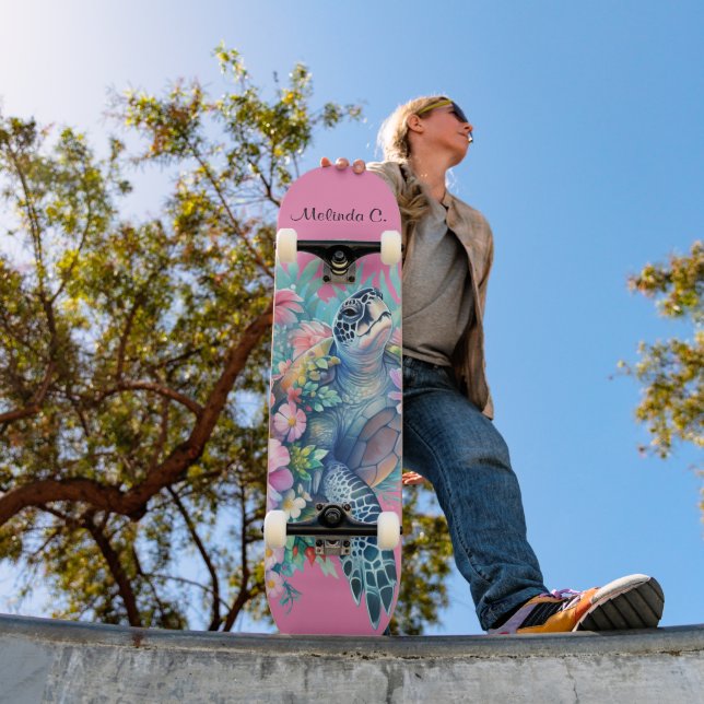 Pretty Girly Floral Sea Turtle Deck Skateboard (Outdoor 1)