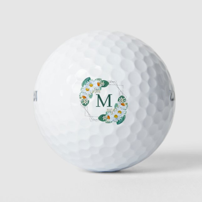 Pretty Girly Floral Silver Sparkle Monogram Golf Balls (Front)