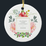 Pretty Girly Flowers Baby's First Christmas Ceramic Tree Decoration<br><div class="desc">This beautiful ornament features lovely watercolor style pink peonies and grey and green leaves. A square frame with faux gold foil is in the centre, and you can personalise with your baby's name and any message or year by using the template. (PLEASE NOTE: the gold look is printed on, and...</div>