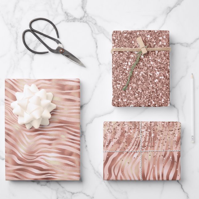 Pretty Girly Glam Pink Peach Rose Zebra Print    Wrapping Paper Sheet (Front)