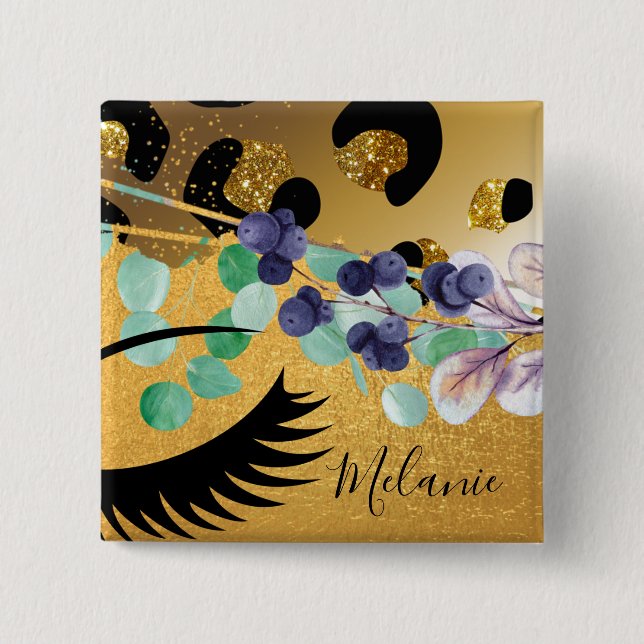 Pretty Girly Glitter Gold Animal Print Named Glam 15 Cm Square Badge (Front)