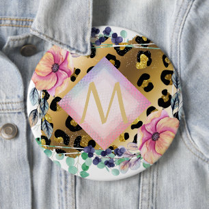 Pretty Girly Leopard Print Gold Pink Monogrammed 6 Cm Round Badge