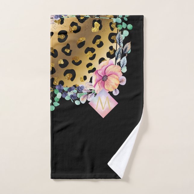 Pretty Girly Leopard Print Gold Pink Monogrammed Hand Towel (Hand Towel)