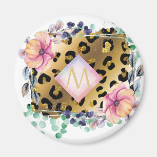 Pretty Girly Leopard Print Gold Pink Monogrammed Magnet