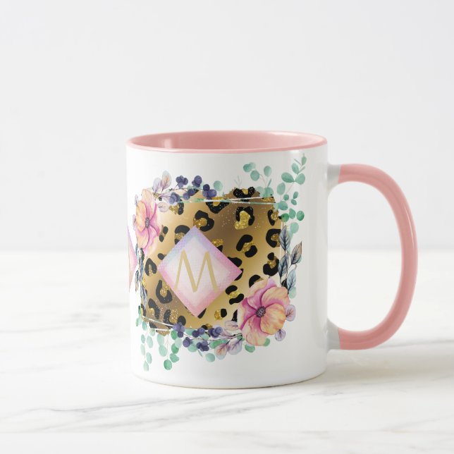 Pretty Girly Leopard Print Gold Pink Monogrammed Mug (Right)