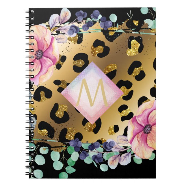 Pretty Girly Leopard Print Gold Pink Monogrammed Notebook (Front)