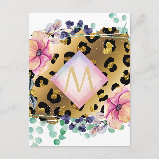 Pretty Girly Leopard Print Gold Pink Monogrammed Postcard (Front)