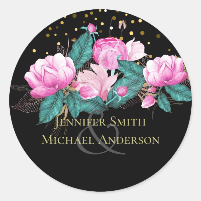 Pretty Girly Pink Black Gold Wedding Classic Round Sticker (Front)