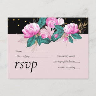 Pretty Girly Pink Black Gold Wedding Invitation Postcard