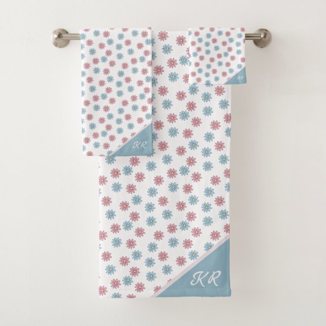 Pretty Girly Pink Blue Cute Flower Monogram  Bath Towel Set (Insitu)