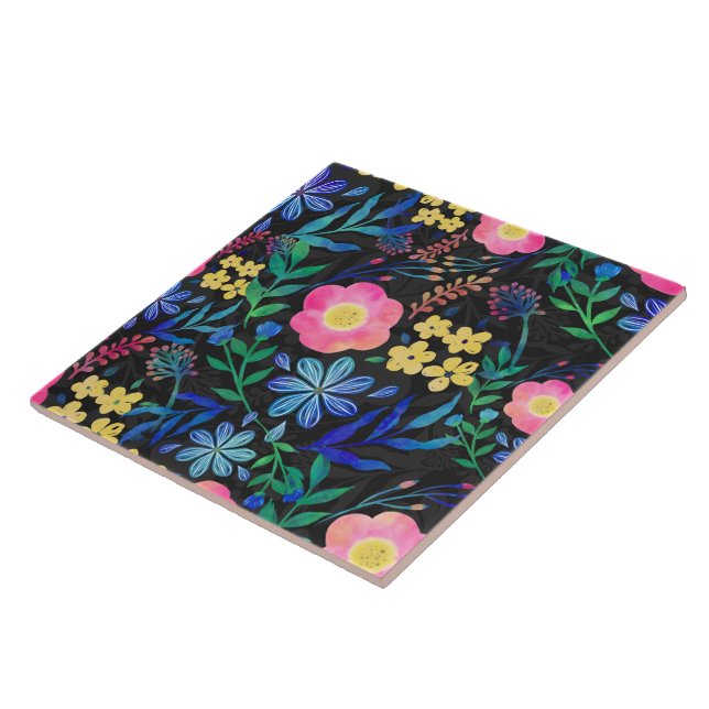 Pretty Girly Pink Blue Floral Grey design Tile (Side)