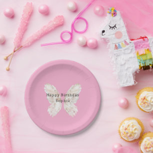 Pretty Girly Pink Butterfly Wings Birthday Paper Plate