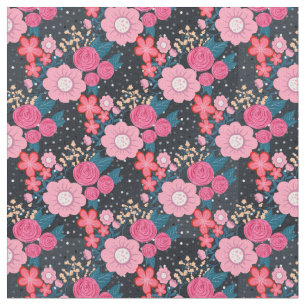 Pretty girly pink Floral Silver Dots Gray design Fabric