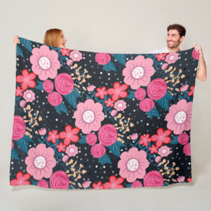 Pretty girly pink Floral Silver Dots Gray design Fleece Blanket