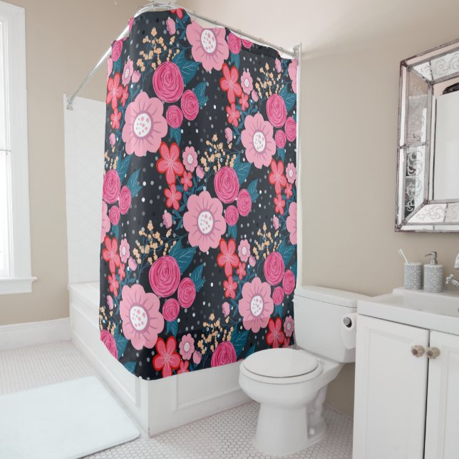 Pretty girly pink Floral Silver Dots Grey design Shower Curtain (In Situ)