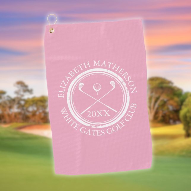 Pretty Girly Pink Golfer's Name Club Name and Date Golf Towel (Pretty Girly Pink Golfer's Name Club Name and Date Golf Towel)