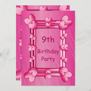 Pretty Girly Pink Hearts Framed 9th Birthday Invitation