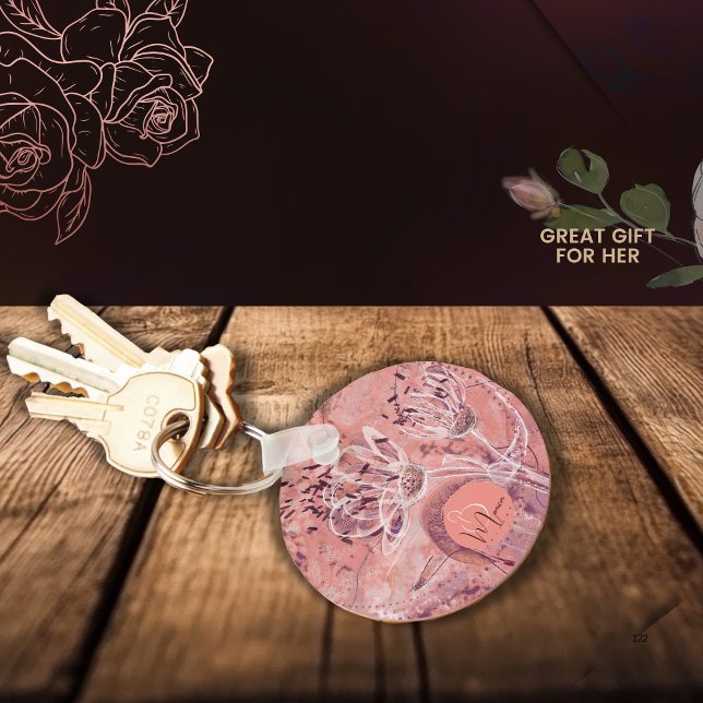 Pretty Girly Salmon Pink Flowers  Key Ring (Pretty Girly Salmon Pink Flowers Keychain)