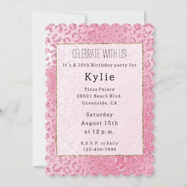 Pretty Girly Sugar Pink Glitter Leopard Invitation (Front)