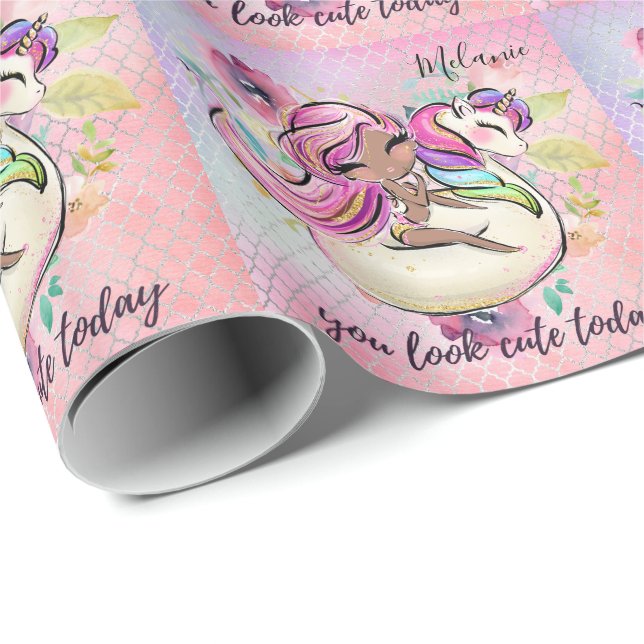 Pretty Girly YOU LOOK CUTE TODAY Unicorn Pink Wrapping Paper (Roll Corner)