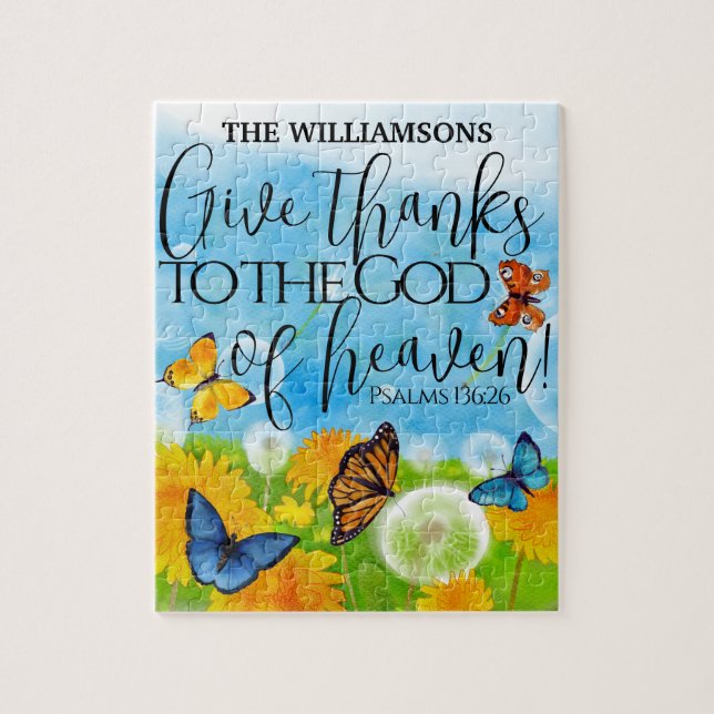 Pretty Give Thanks Bible Verse Floral Family Name Jigsaw Puzzle (Vertical)