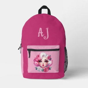 Pretty Glam Girl with Pink Hair & Roses Initials Printed Backpack