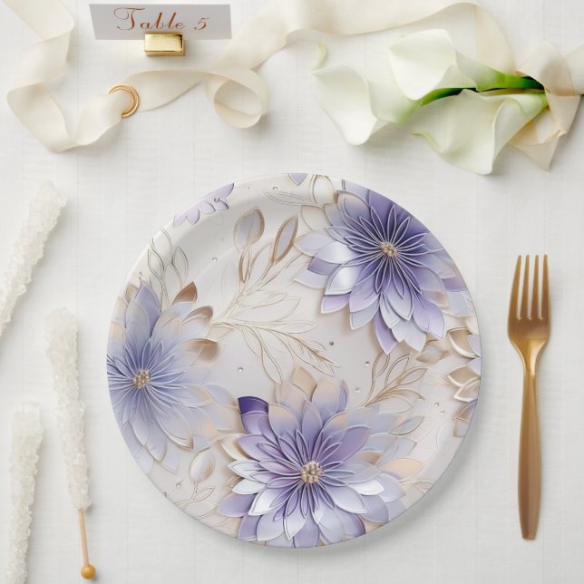 Pretty Glam Gold Purple Pearl White Floral Paper Plate (Wedding)
