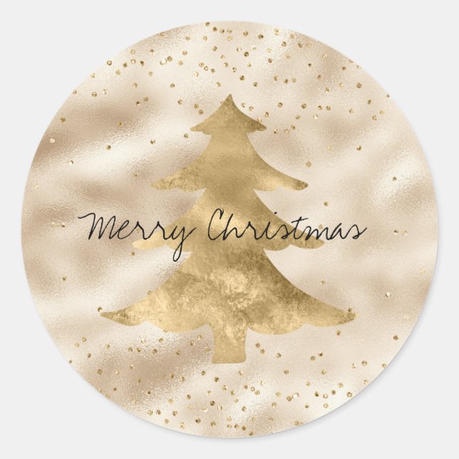 Pretty Glam Gold Sparkle Dots Christmas Tree       Classic Round Sticker (Front)