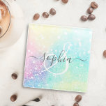 Pretty Glitter Holographic Iridescent Girly Glass Coaster<br><div class="desc">A trendy pretty chic bokeh glitter background in beautiful pastel colours. You can easily personalise with your custom monogram and/or name.</div>
