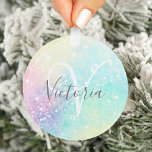 Pretty Glitter Holographic Iridescent Girly Ornament<br><div class="desc">A trendy pretty chic bokeh glitter background in beautiful pastel colours. You can easily personalise with your custom monogram and/or name.</div>