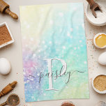 Pretty Glitter Holographic Iridescent Girly Tea Towel<br><div class="desc">A trendy pretty chic bokeh glitter background in beautiful pastel colours. You can easily personalise with your custom monogram and/or name.</div>