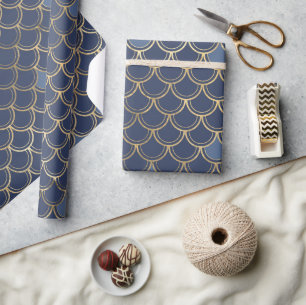 Pretty Gold and Blue Mermaid Scale Pattern Wrapping Paper