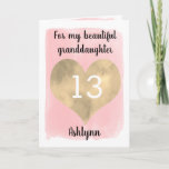 Pretty Gold and Pink 13th Birthday Granddaughter Card<br><div class="desc">A personalised pink and gold granddaughter birthday card that features a beautiful gold heart against pink watercolor. You can personalise gold heart with the age you need and add her name underneath the heart. The inside card message reads "I hope that today and every day is filled with lots of...</div>