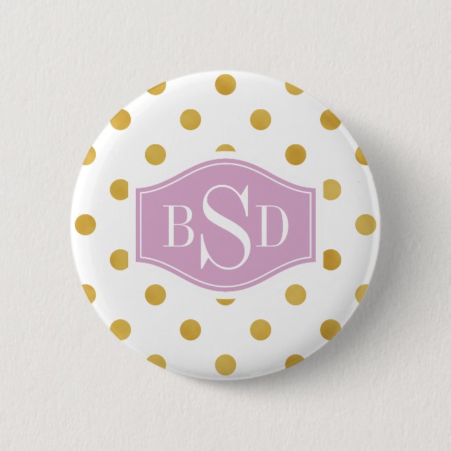Pretty gold and white polka dots patterns monogram 6 cm round badge (Front)