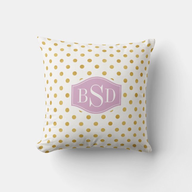 Pretty gold and white polka dots patterns monogram cushion (Front)
